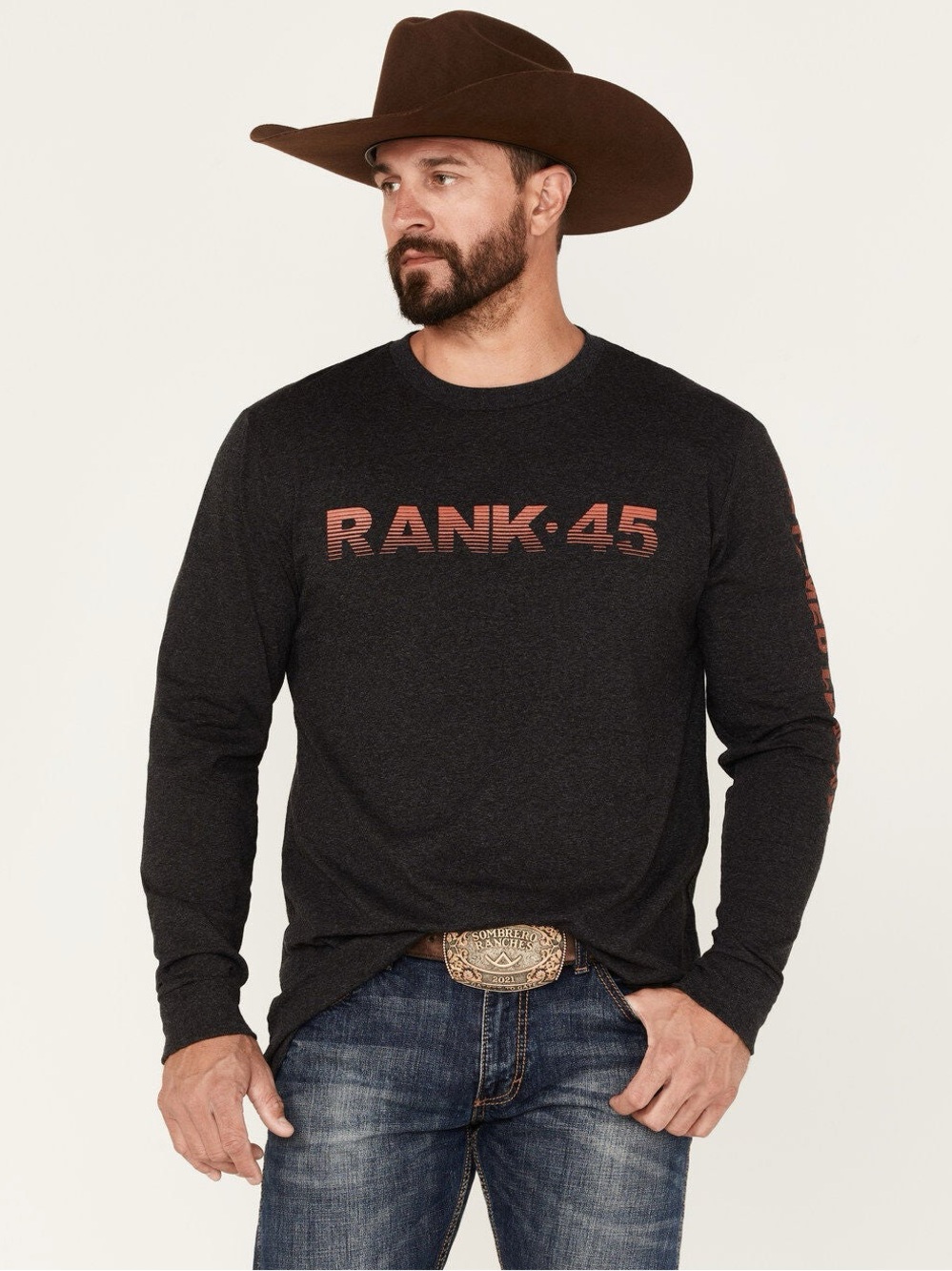 RANK 45 Untamed Legacy Men M Charcoal Long Sleeve Western Graphic Tee